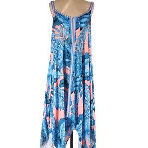 DESIGNER ADVANCE APPARELS PINK /BLUE TROPICAL PRINT HANDKERCHIEF HEM DRESS L/XL